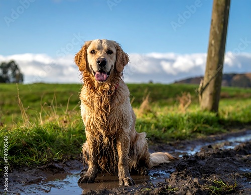 A happy golden-coated canine sits, mud-covered, in a puddle. Bright sun shines. Green field and blue sky backdrop. A wooden post on the right