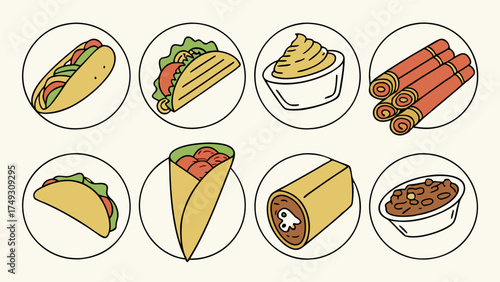 Mexican Food Icons Set. Delicious Tacos Burritos Enchiladas Dips. Flat Line Art Illustrations for Restaurant Menu, Food Delivery App, Website Design