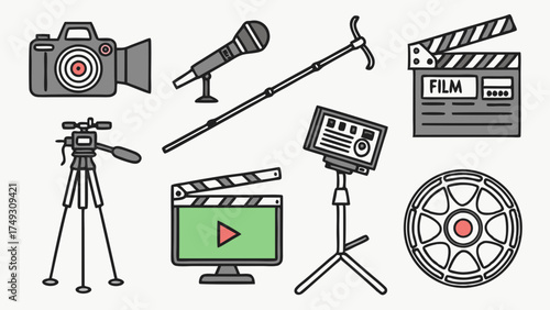 Essential Film and Video Production Tools. Camera, Microphone, Tripod, Clapperboard, Lights for Creative Content Creation, Media Broadcasting, and Studio Work.