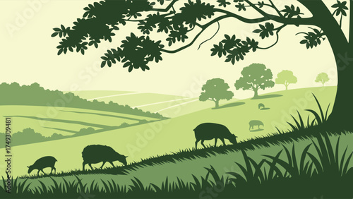 Sheep And Lamb Grazing On Green Rolling Hills Countryside Peaceful Silhouette Vector Illustration For Nature Rural Agriculture And Environmental Themes