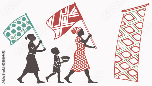 African Women and Child Marching with Vibrant Geometric Pattern Flags Celebrating Heritage Community and Cultural Pride Graphic