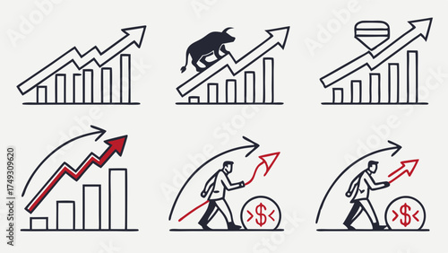 Financial Growth Icons for Business Success. Stock Market Bull Trend, Investment Profit, Economic Development, Wealth Management.