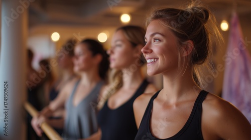 Smiling woman participates in a fitness class with friends in a warm studio