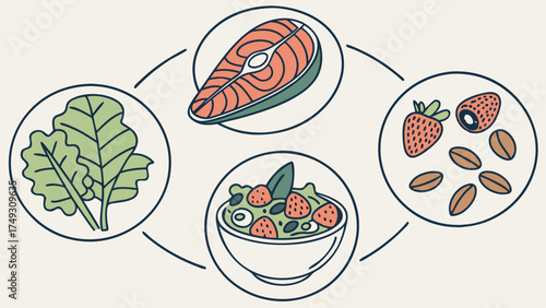 Healthy Eating Illustration with Salmon Greens Berries Nuts Salad for Balanced Diet Nutrition and Wellness Lifestyle Meal Plan Graphic