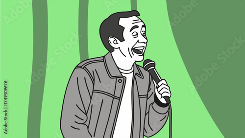 Happy Cartoon Male Speaker Laughing with Microphone on Stage for Public Speaking and Entertainment