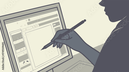 Focused Creative Professional Drawing on Digital Screen with Stylus for Graphic Design UI UX and Web Development