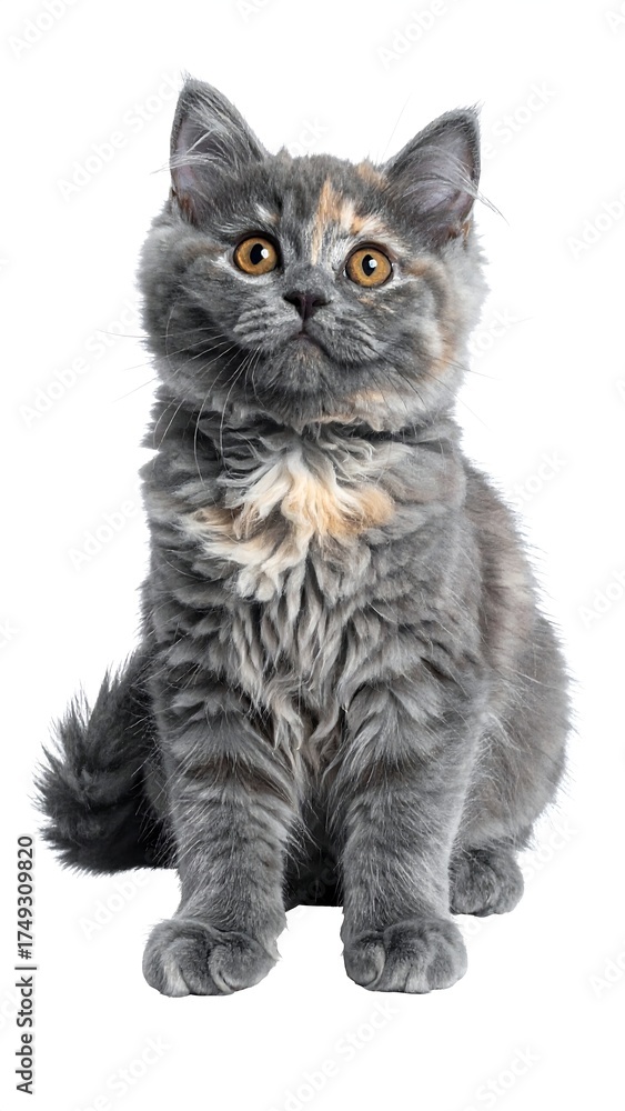Obraz premium A cute, fluffy kitten with striking orange eyes sits attentively, facing the viewer. Its coat showcases a blend of gray, tan, and white hues