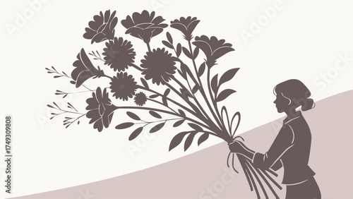 Elegant Silhouette of Woman Holding Large Flower Bouquet for Mother's Day, Women's Day, Appreciation, and Thank You Gift