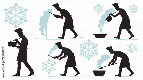 Winter Cooking Process Silhouettes. Chef Preparing Warm Food for Cold Weather Seasonal Recipes and Culinary Blogs.