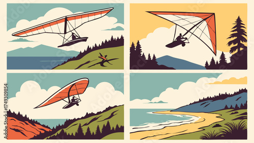 Hang Gliding Adventure Sport Flat Design Illustration. Freedom and Thrill Flying Over Scenic Coastal Landscapes for Travel Tourism Web Design.