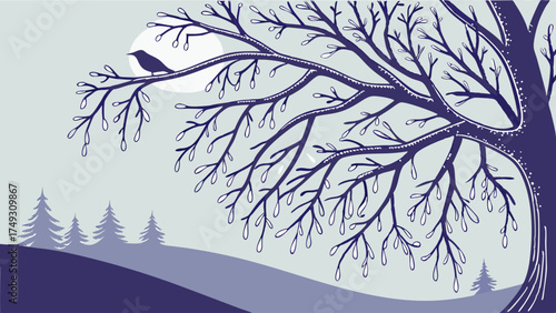 Serene Winter Landscape Illustration with Bare Tree, Bird, and Moon. Peaceful Nature Scene for Seasonal Design, Web Backgrounds, and Calm Content.