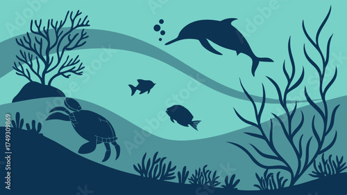 Dolphin, Sea Turtle, and Fish Swimming in a Serene Underwater Ocean Scene with Coral Reef. Marine Life Ecosystem Illustration for Conservation and Education