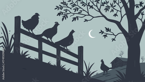 Rural Farm Evening with Silhouetted Birds on Fence and Crescent Moon. Peaceful Countryside Landscape for Nature and Agriculture.