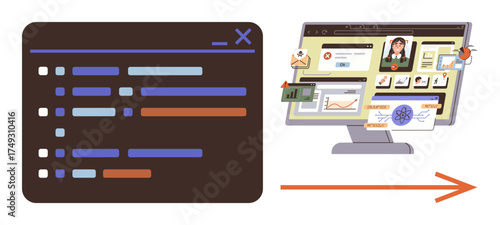 Programming code turning into an engaging website with user profile, charts, graphs, and email notifications. Ideal for web development, programming, analytics, design, education planning simple
