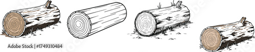 Wood log illustration collection with realistic and line art style isolated on white background natural forest timber vector design set