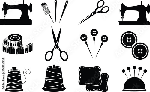 Sewing machine scissors thread and buttons icons collection for tailoring and craft projects