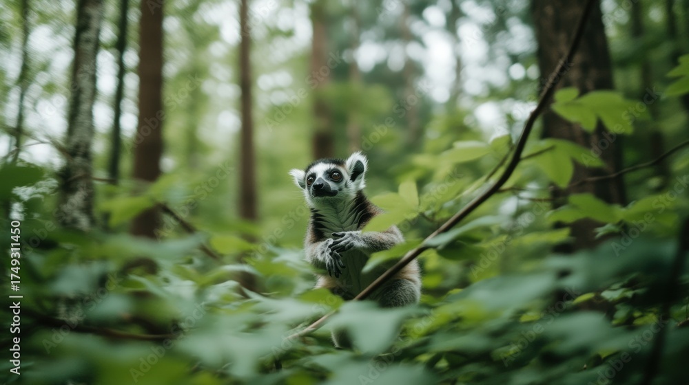 Obraz premium A curious lemur peers through the lush green foliage of a forest, embodying the essence of wildlife in its natural habitat, This image can be used for environmental campaigns, educational materials