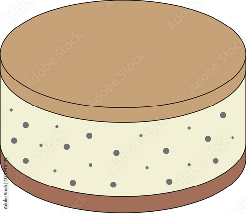 Minimalist vector illustration of an Earl Grey cheesecake with a smooth brown top layer, creamy middle layer speckled with tea leaves, and a chocolate biscuit base.