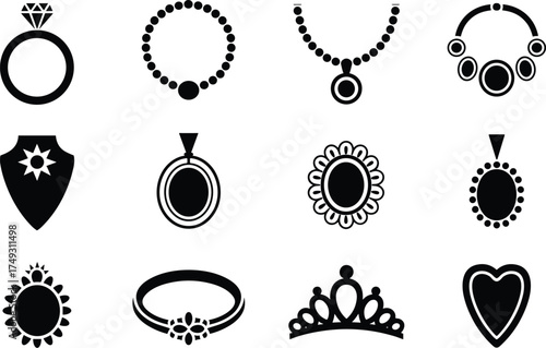 Collection of elegant jewelry icons featuring rings bracelets necklaces and pendants for design