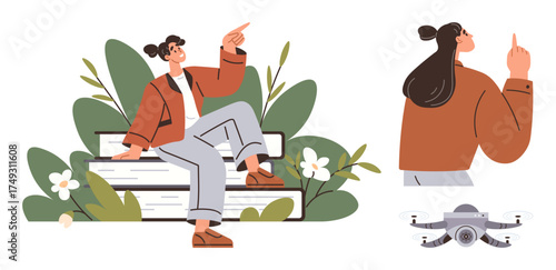 Woman sitting on stacked books pointing upward amidst plants and flowers. Rear view pose and flying quadcopter also featured. Ideal for education, creativity, exploration, nature, technology