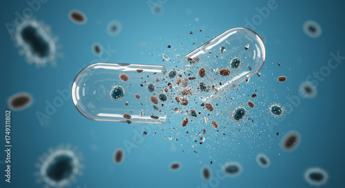 Exploding Antibiotic Capsule with Bacteria and Viruses, Pharmaceutical Innovation and Antimicrobial Resistance Concept