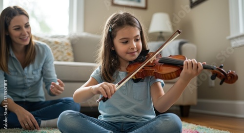 Girl plays violin with woman watching in living room