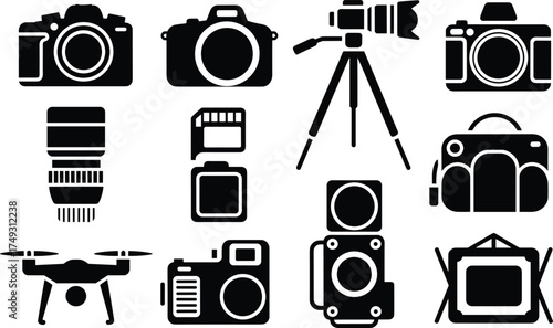 Collection of digital photography equipment icons for creative projects and gadgets
