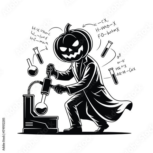 Silhouette of a scientist pumpkin character in a lab with test tubes and formulas on a white background Keywords: pumpkin, scientist, silhouette, lab coat, laboratory, experiment, science