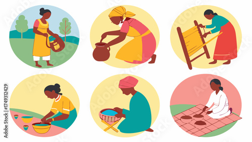 Traditional African Women Daily Life Illustrations Cooking Weaving Crafts Food Preparation Empowering Rural Community Heritage