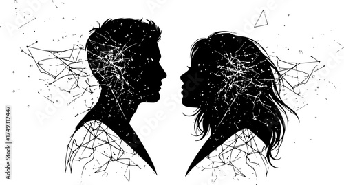 Abstract Couple Connected by Neural Network Silhouette Vector - Digital Communication	