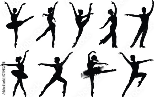 Silhouette ballet dancers poses elegant graceful artistic performance dance studio class movement