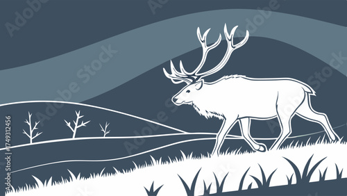 Monochromatic Reindeer Striding Uphill in Northern Wilderness. Majestic Animal for Nature Travel, Outdoor Adventure, Conservation Marketing.
