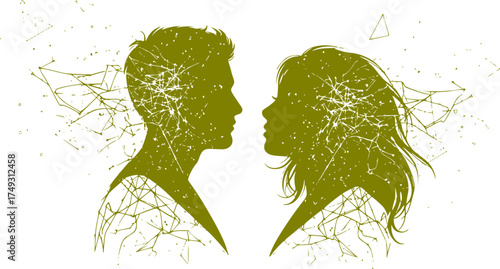 Abstract Couple Connected by Neural Network Silhouette Vector - Digital Communication	