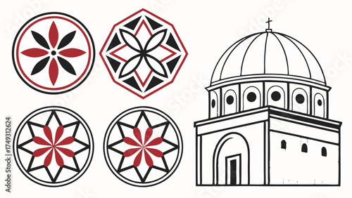 Traditional Geometric Patterns and Domed Church Architecture Illustration for Cultural Heritage Projects, Religious Design, and Historical Publications