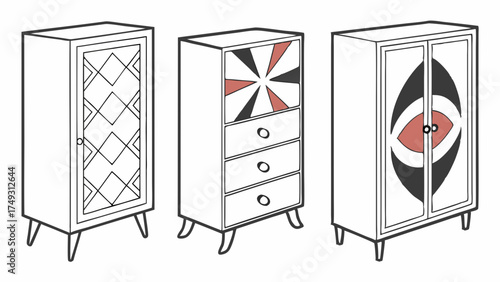 Three Modern Cabinets with Geometric Designs for Home Decor and Interior Design. Stylish Contemporary Furniture, Abstract Patterns, and Storage Solutions for Lifestyle and