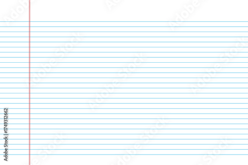 Lined notebook paper background simple blue lines and red margin for school or office use. EPS vector illustration