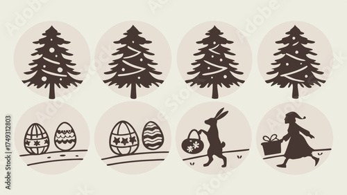 Cheerful Holiday Icons Set Featuring Christmas Trees Easter Eggs Bunny and Girl. Festive Seasonal Graphics for Web Design Greeting Cards and Kids Promotions.