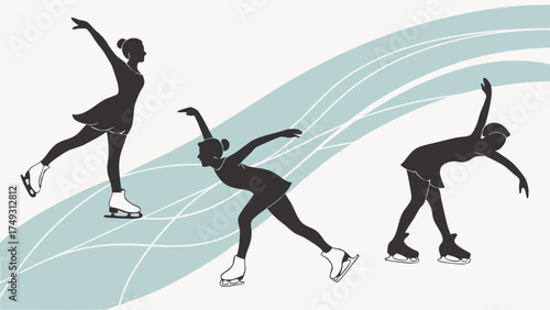 Graceful Female Figure Skaters Silhouette Illustration on Ice. Dynamic Winter Sport for Athletic Performance, Fitness, Health, and Event Promotion