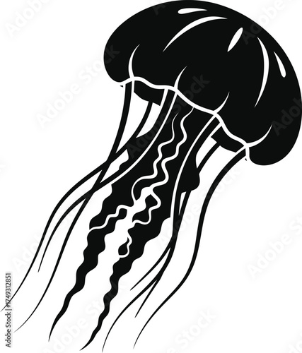 Stylized black silhouette of a graceful jellyfish with long flowing tentacles against a white background
