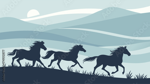 Three Wild Horses Galloping Across Rolling Hills at Sunrise Majestic Silhouette for Nature Adventure and Business Progress