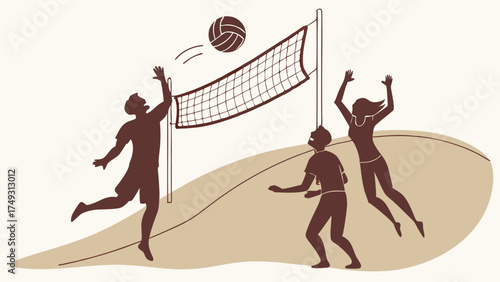 Energetic Beach Volleyball Players Spiking Ball Over Net. Summer Sports Fun, Teamwork, and Active Lifestyle for Travel and Fitness Marketing.