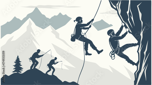 Mountain Climbing Team Adventure Rock Climbers and Hikers Ascending Peak Outdoor Sports Challenge Progress and Achievement Illustration