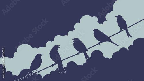Five Silhouette Birds Perched on Wire Against Dark Cloudy Sky One Singing Nature Communication Social Connection Community Peace Web Design