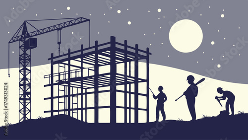 Night Construction Team Building Structure with Crane Under Full Moon for Business Growth and Future Development