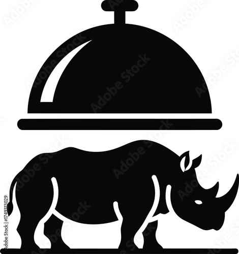 Black silhouette of a rhinoceros under a cloche or serving dome representing a unique or unusual dish