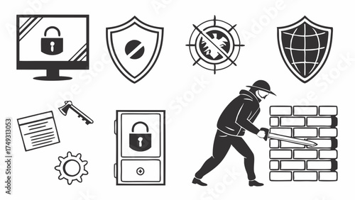 Cybersecurity Icons Protecting Digital Data Network Security Online Privacy from Cyber Attacks and Hacker Threats