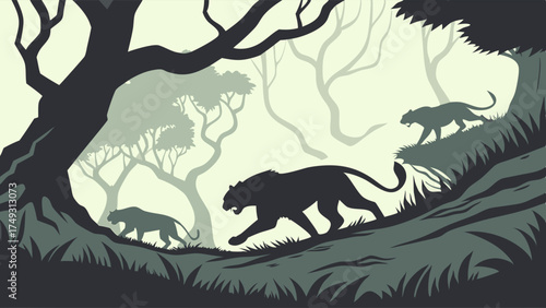 Powerful Black Panther Family Silhouettes Prowling Through Mystical Jungle Forest Illustration for Wildlife Conservation and Adventure Travel