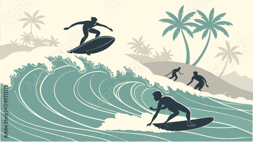Dynamic Surfers Riding Ocean Waves. Tropical Beach with Palm Trees. Summer Vacation and Adventure Lifestyle.