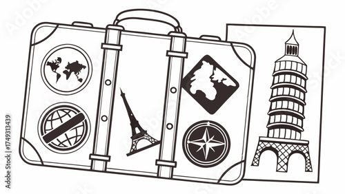 Illustrated Travel Suitcase with World Map Stickers and Landmark for Global Vacation Planning Tourism Marketing Web Design