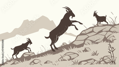 Agile Mountain Goats Climbing Uphill Rocky Terrain. Determination, Resilience, and Goal Achievement for Business and Adventure.